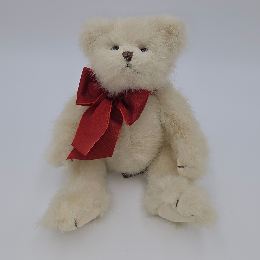 Bearington Collection Lil Rascal White Plush Teddy Bear Red Bow Jointed 12 in.